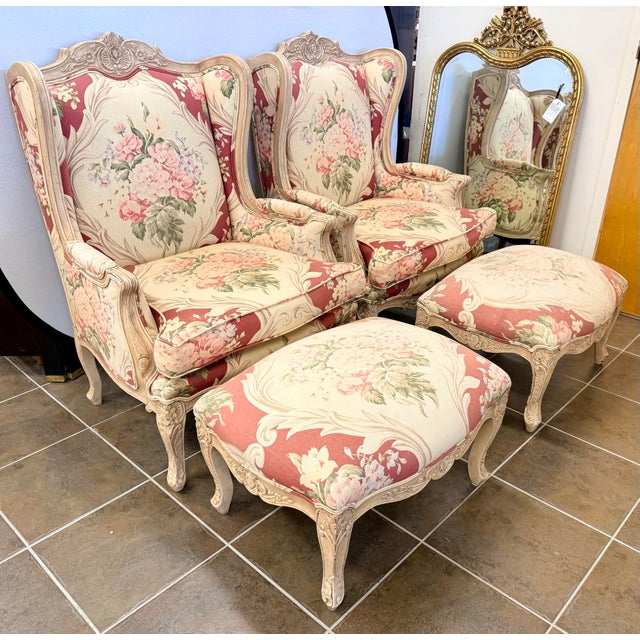 Wood Pair of French Louis XV Style Floral Bergeres Chairs With Matching Ottomans For Sale - Image 7 of 9