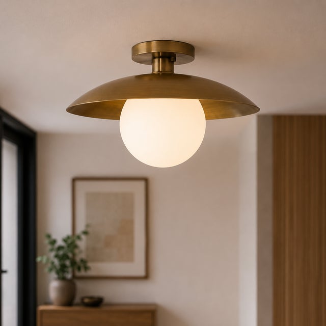 Not Yet Made - Made To Order Handcrafted Solid Brass Flush Mount Ceiling Light With Opal Glass Globe For Sale - Image 5 of 9