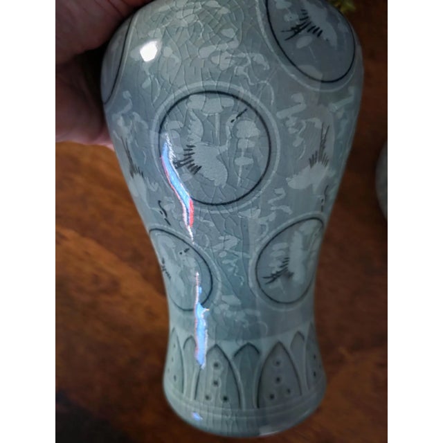 1970’s Thousand Crane Celadon Vases Set of 2 For Sale - Image 16 of 18