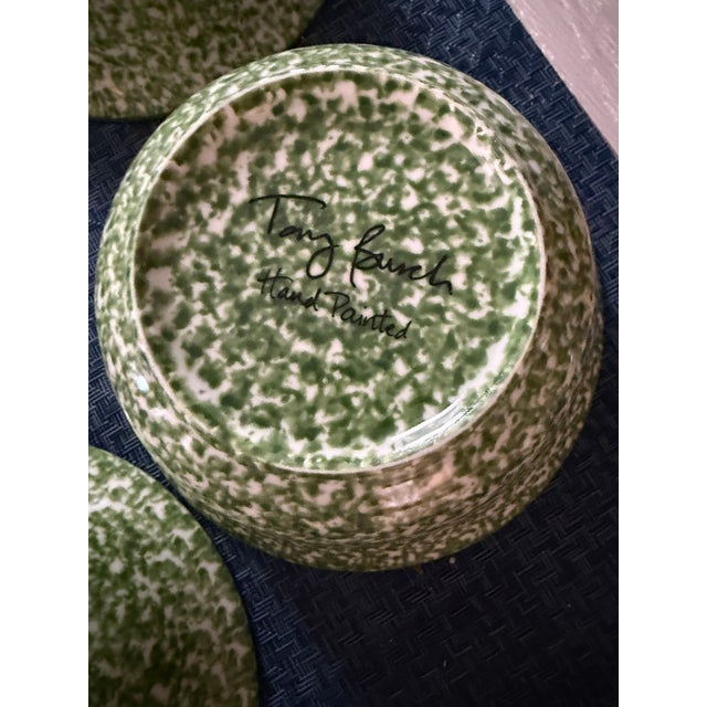 A set of four Tory Burch green Spongeware soup/salad bowls over 6 inches in diameter and approximately over 2.5 inches in...