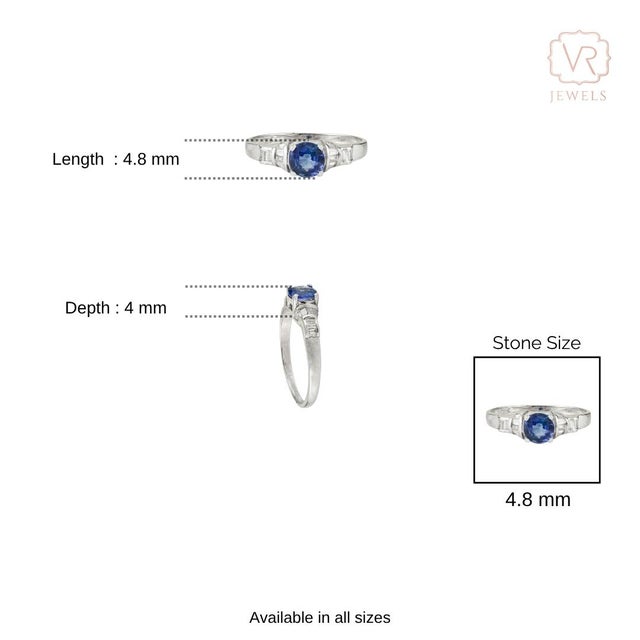 Art Deco-Inspired Round Blue Sapphire & Baguette Diamond Ring Size 5.5 in 14k White Gold For Sale - Image 9 of 17