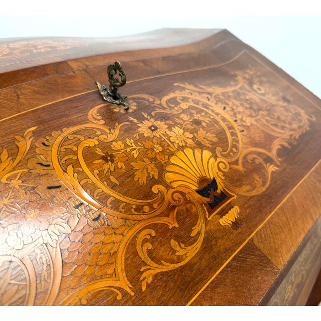 Antique French Louis XV Style Ormolu Mounted Marquetry Inlaid Slant Front Ladies Desk For Sale - Image 11 of 12