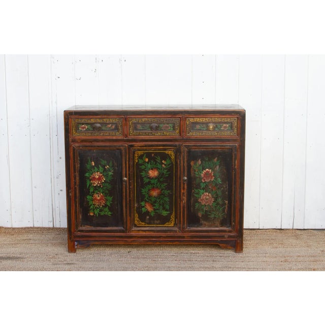 Asian Antique Antique Floral Black Mongolian Cabinet For Sale - Image 3 of 7