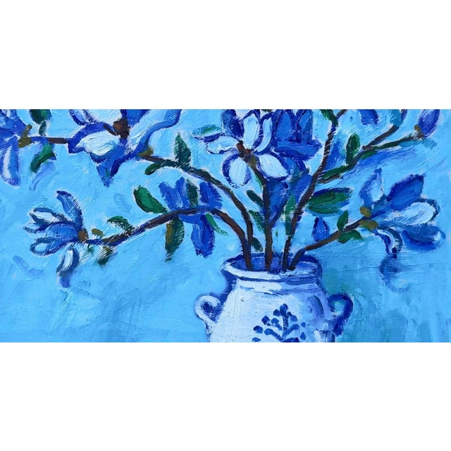 Textile Blue Magnolia - Modern Floral Oil Painting Original Art For Sale - Image 7 of 8