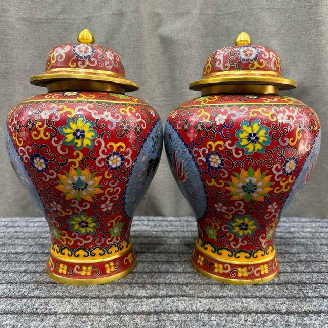 Chinese Pair of Chinese Cloisonné Enamel Koi Fish & Lotus Jars With Lids - 13" Tall For Sale - Image 3 of 6