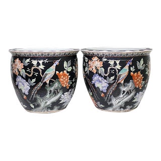 Vintage Chinese Porcelain Famille Noire Goldfish Bowl Black Planters With Phoenix Birds, Qianlong, a Pair For Sale