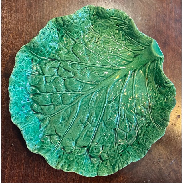 Green Antique Portuguese Majolica Pottery Green Cabbage or Lettuce Leaf Serving Dish For Sale - Image 8 of 11