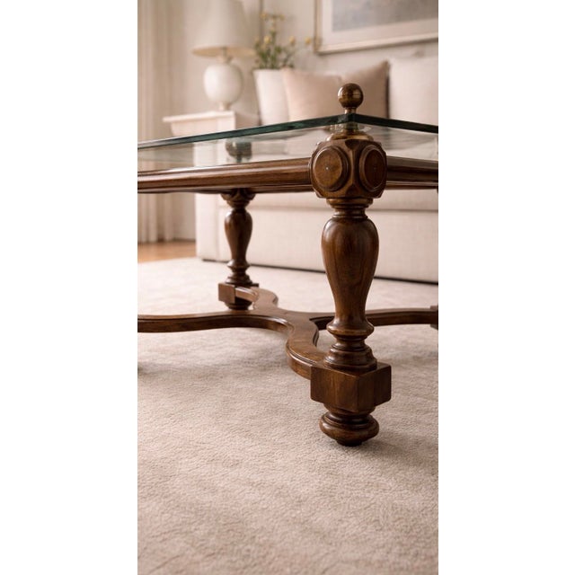 Neoclassical Style Solid Wood & ½” Beveled Glass Coffee Table With Brass Finials, Late 20th Century For Sale - Image 4 of 9
