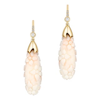 White Coral Flower Earrings with Diamonds, A Pair For Sale