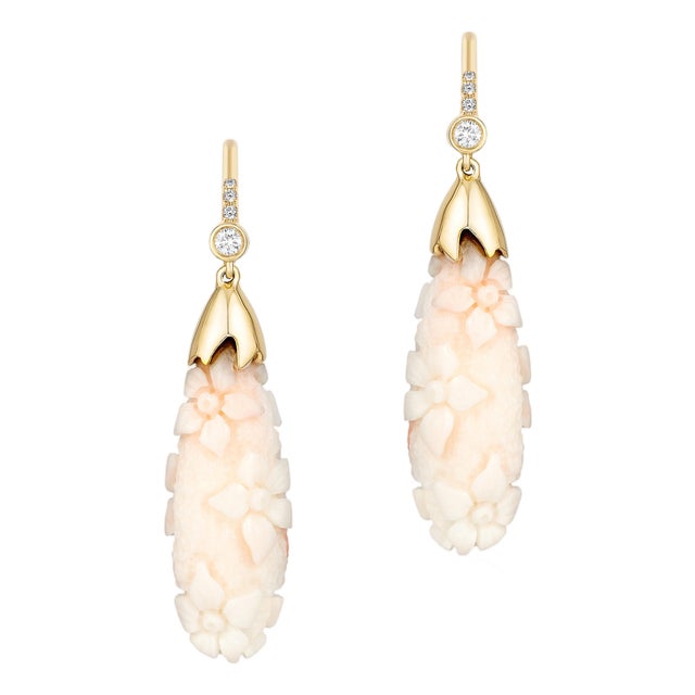 White Coral Flower Earrings with Diamonds, A Pair For Sale