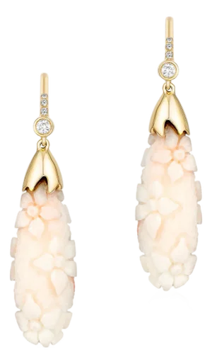 White Coral Flower Earrings with Diamonds, A Pair
