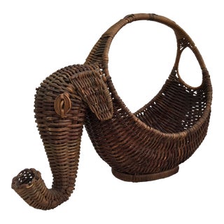 1970s Boho Chic Wicker Elephant Basket For Sale