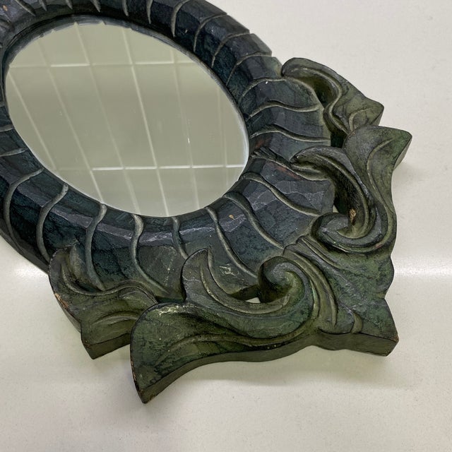 Vintage Hand-Carved Wooden Oval Mirror With Foliate Frame For Sale - Image 4 of 5