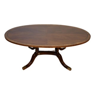 1940s English Regency Style Walnut Banded Satinwood Oval Top Coffee Table For Sale
