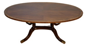 1940s English Regency Style Walnut Banded Satinwood Oval Top Coffee Table