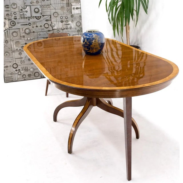 Charak Lacquered Mahogany Banded Round Dining Table w/ 2 Leaves Inlaid Legs For Sale - Image 11 of 13