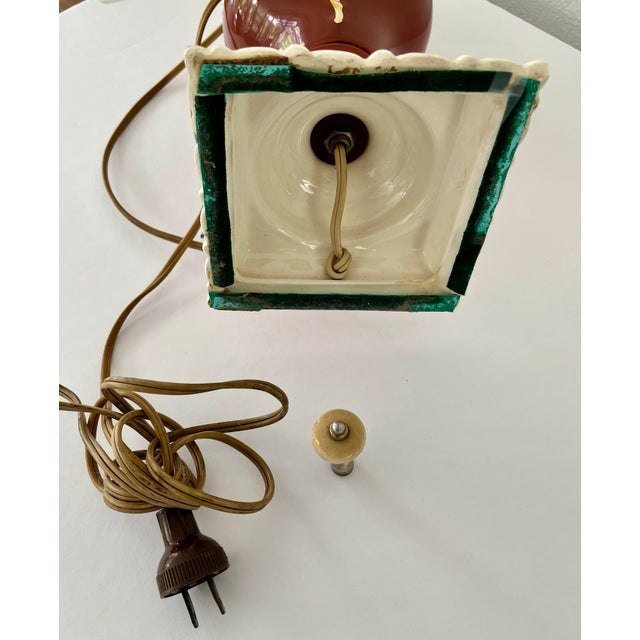 Burgundy Mid Century Floral Painted Ceramic Table Lamp For Sale - Image 8 of 11