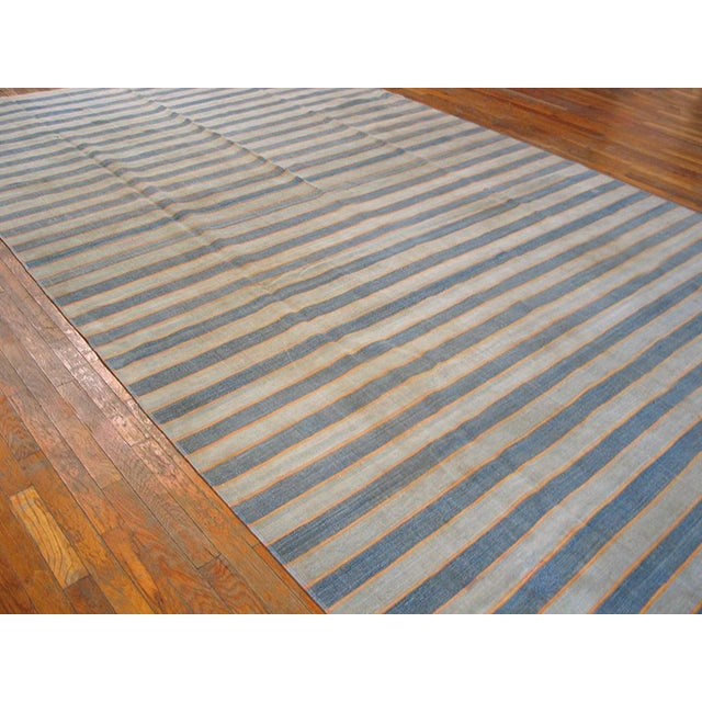 Indian 1940s White Blue Stripe Antique Dhurrie Indian Rug 7'8" X 15'6" Flatweave Cotton Carpet For Sale - Image 3 of 5