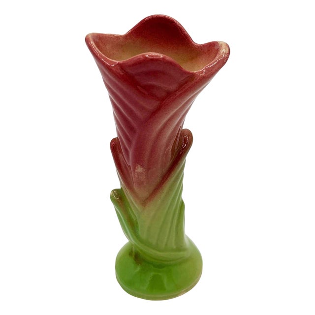 1950s Mid Century Calla Lilly Pink Green Bud Vase by Shawee Pottery For Sale