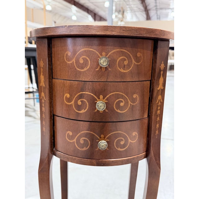 Vintage Italian Inlaid Round Three Drawer Chest Table For Sale In New York - Image 6 of 8