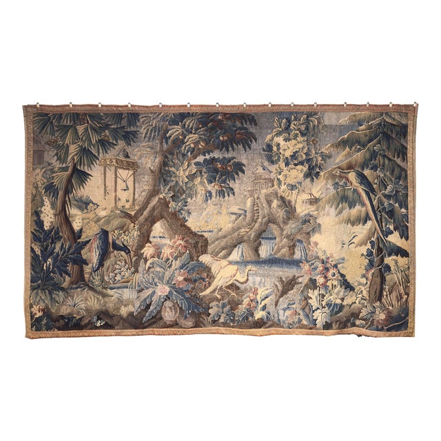 18th C. French Hand Woven Aubusson Tapestry With Birds, Ruins, and Floral Border For Sale