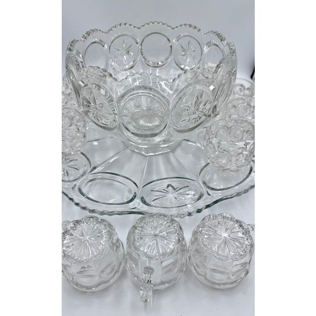 1960s Tiffin-Franciscan l.e Smith Moon & Stars Punch Bowl, Large Under Plate & 10 Cups For Sale - Image 9 of 11