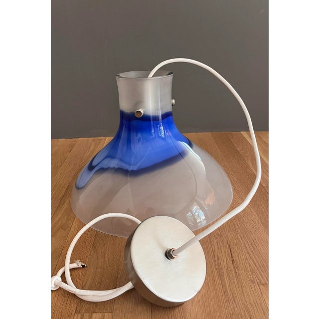 Metal Vintage Blue and White Art Glass Pendant Light For Sale - Image 7 of 12