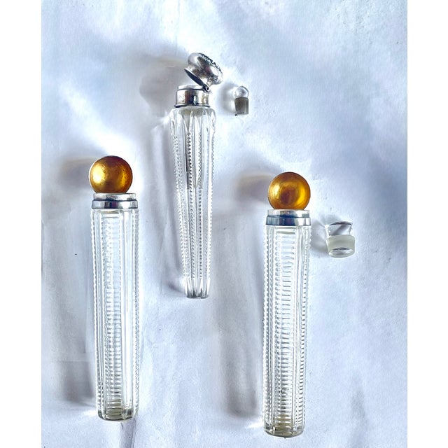 Vintage set of French art, deco sterling silver, and crystal perfume flacons with cut crystal horizontal and vertical and...