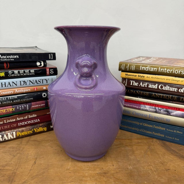 Rustic Purple Ceramic Vase with Twin Lion Handles For Sale - Image 3 of 9