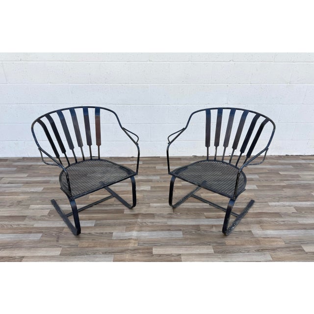 Pair of Vintage Mid-Century Modern Wrought Iron Patio Bouncer Lounge Chairs | Russell Woodard Style For Sale In Los Angeles - Image 6 of 18