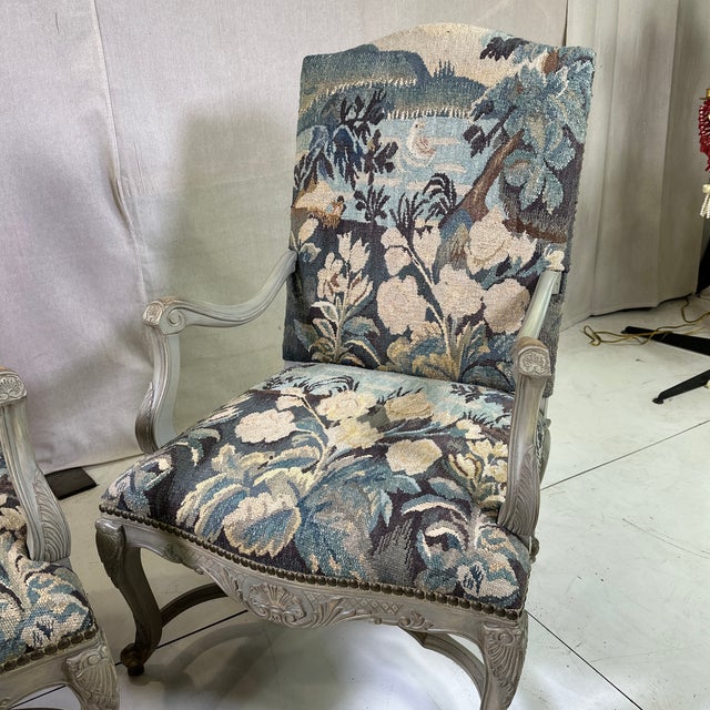 1970s Vintage Pair of Aubusson Needle Point French Style Arm Chairs in Painted Walnut Frames For Sale - Image 5 of 12