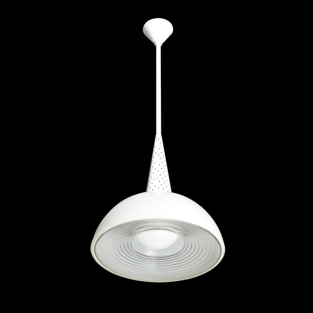 Mid-Century Modern Mid Century Modern White Enamel and Holophane Glass Diffuser Pendant by Mathieu Matégot For Sale - Image 3 of 18
