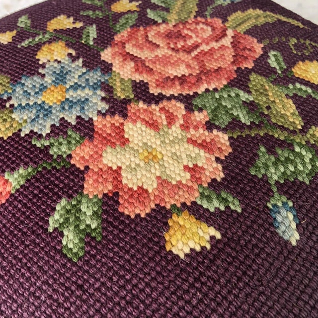 Brown Antique Farmhouse Country Floral Needlepoint Maple Milking Footstool For Sale - Image 8 of 11