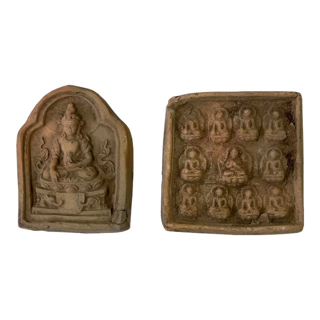 Set of 2 Small Chinese Oriental Clay Buddhas Theme Plaque Display For Sale
