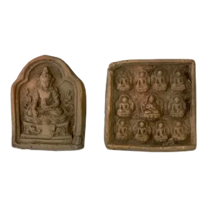 Set of 2 Small Chinese Oriental Clay Buddhas Theme Plaque Display