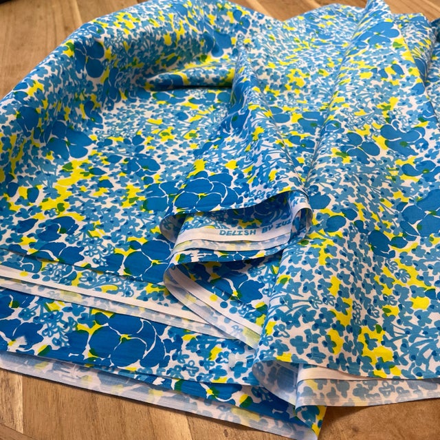 Nearly 6 yards of vintage fabric in blue and yellow flowers. 212” by 44” wide untouched continuous fabric. West Palm beach...