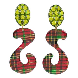 Jeweled Lucite Clip-on Earrings with Scottish Tartan Pattern For Sale