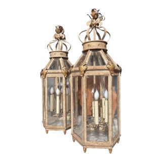 Pair of Paul Ferrante Forged Gilt Iron Lanterns, "4000 Series" For Sale