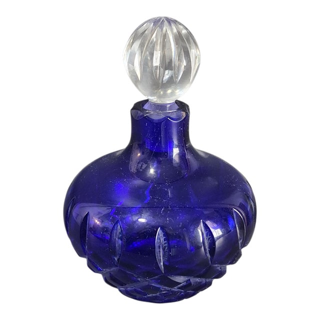 Glass Vintage Bohemian Cobalt Blue Cut Crystal Perfume Bottle For Sale - Image 7 of 7