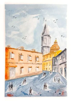 "Sulmona, Italy" 2022 Architectural Watercolor Painting by Emerging Artist Ben Resini, Signed