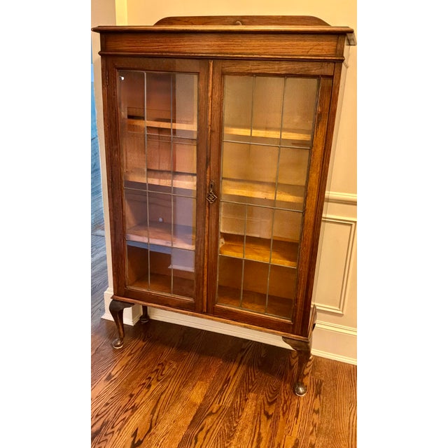 Chestnut Antique Queen Anne Style Oak Bookcase With Leaded Glass Doors, C. 1910 For Sale - Image 8 of 9