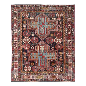 Square Antique Colorful Kuba Caucasian Rug With Cross Medallions 3'11 X 4'8
