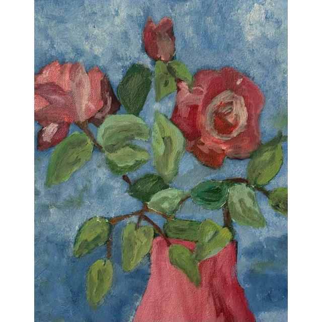 American Midcentury Folk Art Still Life With Roses in Vase For Sale - Image 3 of 7