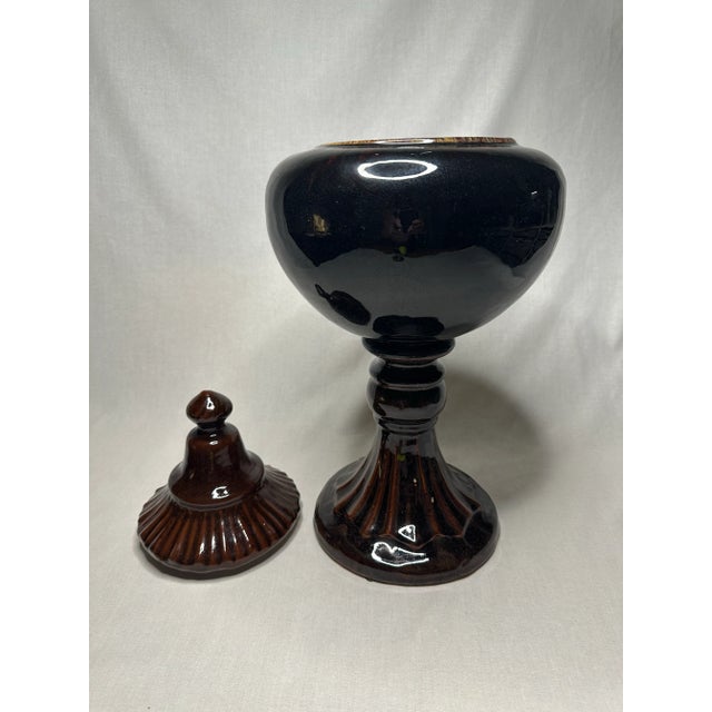 Wood Neoclassical Crackle Glazed Ceramic Lidded Urn, Large, Brown and Black For Sale - Image 7 of 12