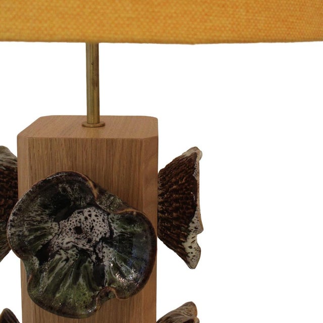 Textile German Ceramic Flower and Oak Table Lamps, Germany, 2010s, Set of 2 For Sale - Image 7 of 11