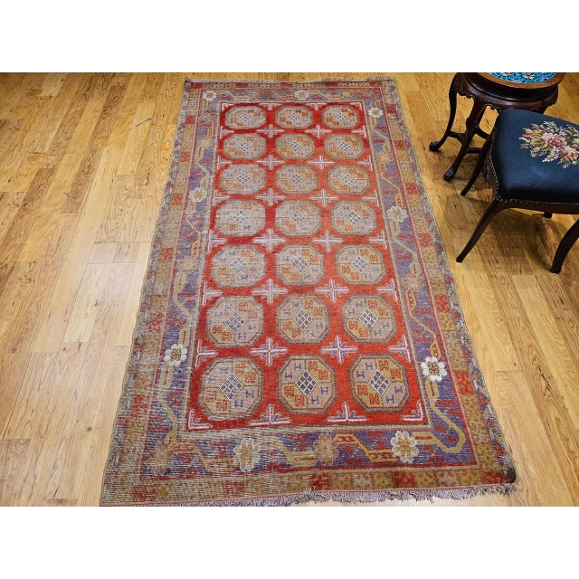 Tribal 19th Century Khotan Rug in Allover Geometric Pattern in Red, Lavender, Ivory, Green For Sale - Image 3 of 16