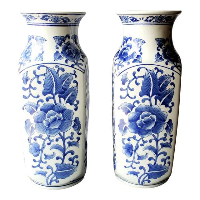 Large Vintage Botanical Chinoiserie Blue and White Hexagonal Vases - A Pair For Sale