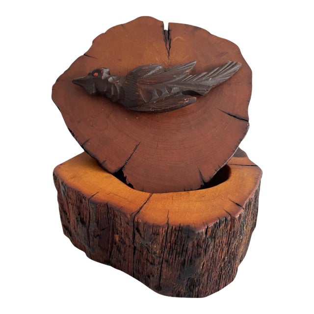 1970s Spancraft Handmade Wooden Live-Edge Trinket Box With Carved Bird For Sale