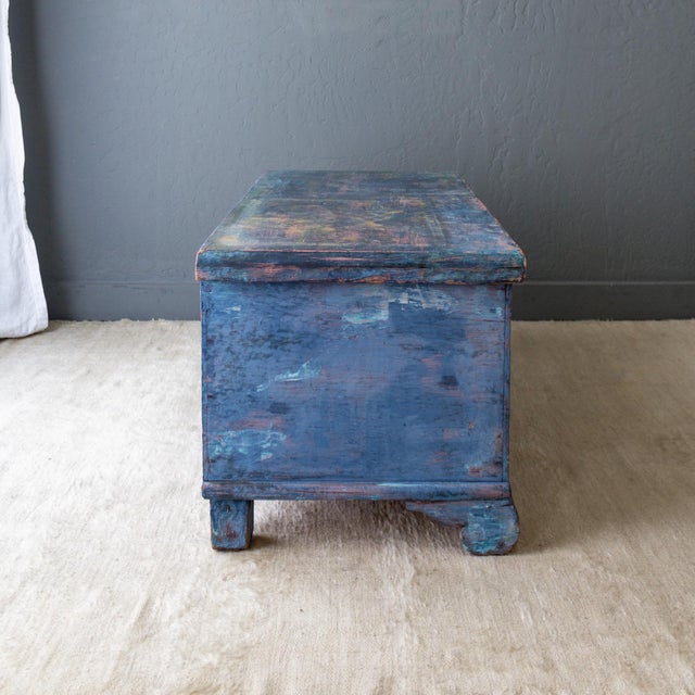 Wood Rustic Blue Painted Cedar Blanket Chest Trunk With Empire C Curved Feet For Sale - Image 7 of 17