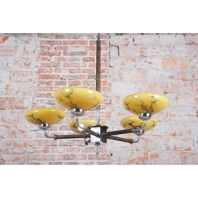 Brown Art Deco Chandelier in Chrome and Beech, Czech, 1920s For Sale - Image 8 of 14